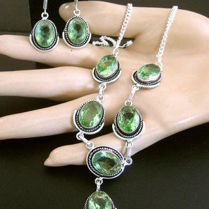 925 Silver Plated Peridot Necklace & hook Earrings lab created